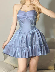 Reflective Fabric Slim High Waist Metal Chain Halter Neck Strap Backless Dress