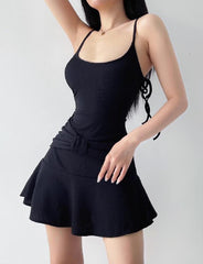 U-Ausschnitt Rückenfrei Taillenversteller Riemen Hohe Taille Süßes Schlankes Sling-Kleid