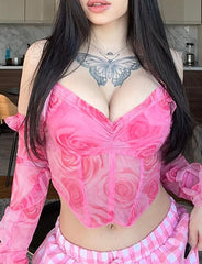 Cuello halter con tiras de madera para atar en las orejas con estampado de rosas, mangas en línea para el pecho