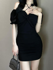 Halter Neck Flower Decoration Summer Slim Fit Hip Short Sleeve Dress