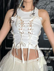 Sleeveless Round Neck Bow Tie Cutout White Crop Tank top