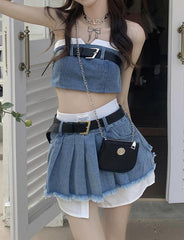 Short Strapless Pleated Skirt Denim Suit