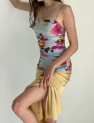 Retro Holiday Style Floral Strap Backless Color Block Dress