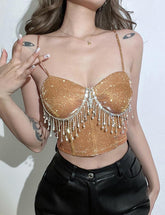 Top de tirantes de encaje con borlas y decoración de diamantes de imitación