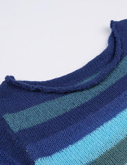 Top corto informal retro de manga corta con cuello redondo, rayas y bloques de color