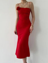 Red Sling Three-dimensional Flower Slim Dress