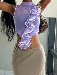 Chaleco de verano sin mangas con cuello redondo, de malla transparente y con costuras fruncidas