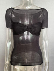 See-Through One-Shoulder Slim Navel T-Shirt
