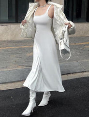 Vestido largo acampanado cruzado de cintura alta sin mangas