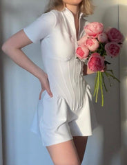 Tight Round Neck Short Sleeve Zipper Bodysuit