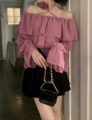 Camisa de gasa fina de primavera, sin tirantes, de manga larga y cuello halter con tirantes y adornada con rosas