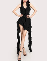 Ruffle Trim Flower Decor Mesh Black Midi Prom Dress For