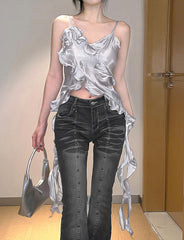 Unregelmäßiges rückenfreies kurzes Camisole mit Rüschenfransen