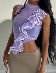 Chaleco de verano sin mangas con cuello redondo, de malla transparente y con costuras fruncidas