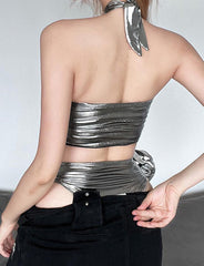 Halter Neck Wrapped Chest Open Waist Slim Shiny Jumpsuit