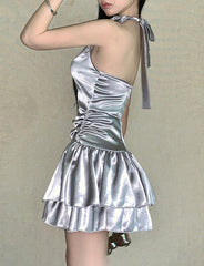 Ruffled Ruched Floral Halter Sleeveless Low-Rise Dress