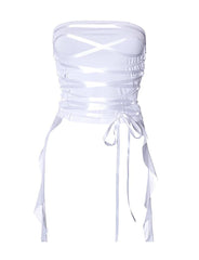 Trägerloses Crop-Top mit Rüschenfransen und Schnürung