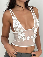 Top corto transparente de malla floral sin mangas