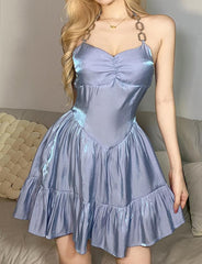 Reflective Fabric Slim High Waist Metal Chain Halter Neck Strap Backless Dress