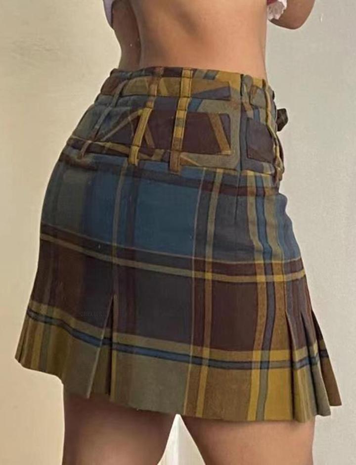 Retro Thick Zipper Plaid A-Line Skirt