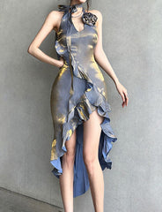 Reflective Fabric Flower Halter Neck Backless Ruffle Dress