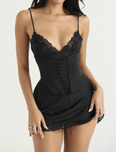 Satin Lace Stitching Slit Slim Suspender Mini Dress