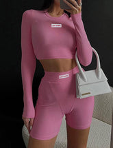 Ribbed Long-Sleeve Top High-Rise Printed Shorts Set