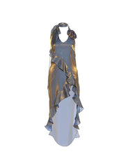Reflective Fabric Flower Halter Neck Backless Ruffle Dress