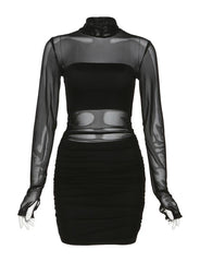 Long Sleeve Mesh Party Black Short Dress Set