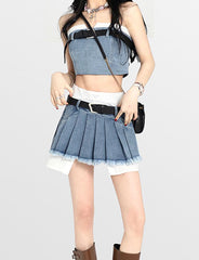 Short Strapless Pleated Skirt Denim Suit