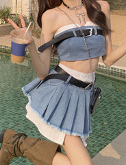 Short Strapless Pleated Skirt Denim Suit