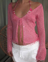 Sequins Frayed Trim Crochet Cardigan