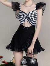 Short Sleeve Plaid Panel One-Piece Swimsuit