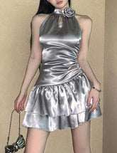 Ruffled Ruched Floral Halter Sleeveless Low-Rise Dress