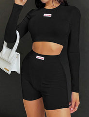 Ribbed Long-Sleeve Top High-Rise Printed Shorts Set