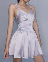 Satin V Neck Backless Tie Belt Ruffled Purple Dress