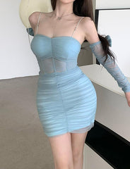 Mesh Stitching Butterfly Sleeves Sling Corset Dress