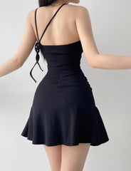 U-Ausschnitt Rückenfrei Taillenversteller Riemen Hohe Taille Süßes Schlankes Sling-Kleid