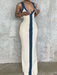 V-Ausschnitt Breite Schulterträger Kontrastfarbe Schmales Kleid