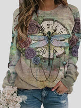T-Shirts Retro Dragonfly Print Round Neck Long Sleeve T-Shirt