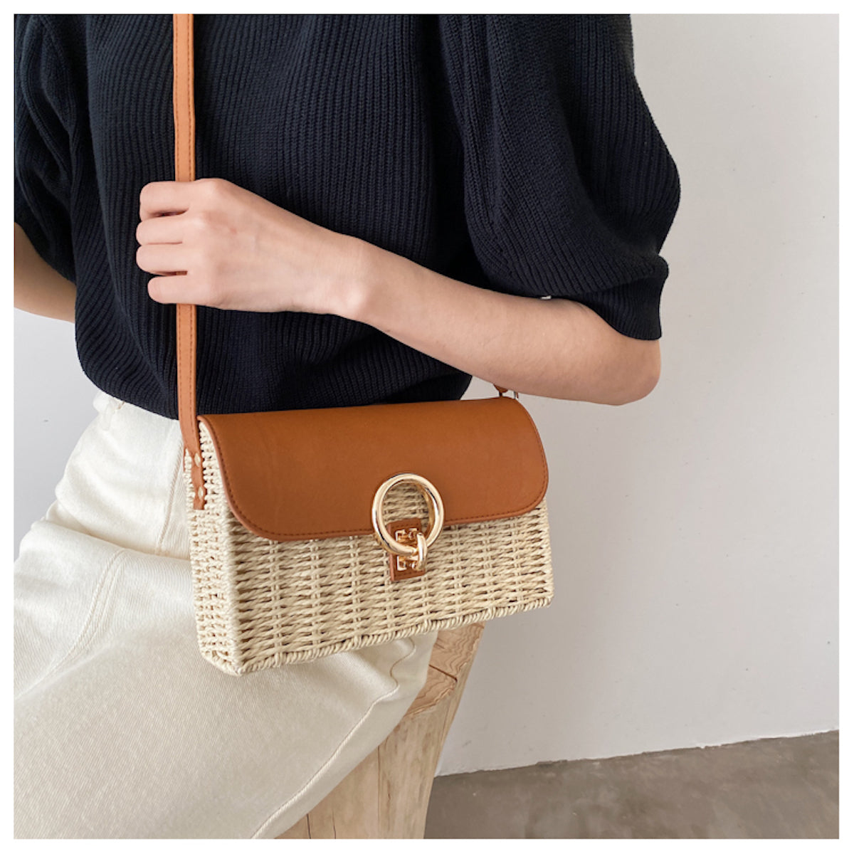 Straw Woven Box Bag with Leather Flap