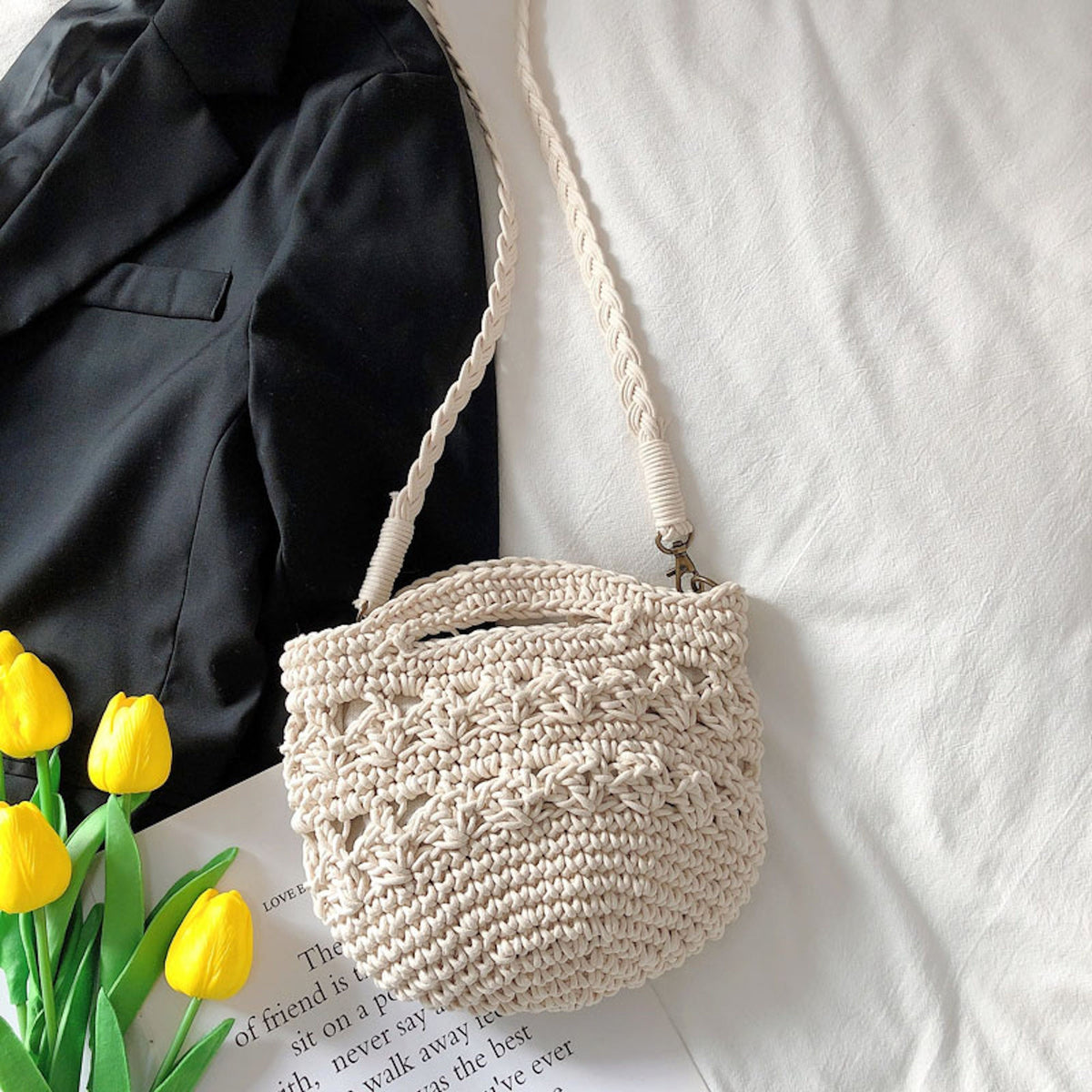 Retro Crochet Crossbody Bucket Bag