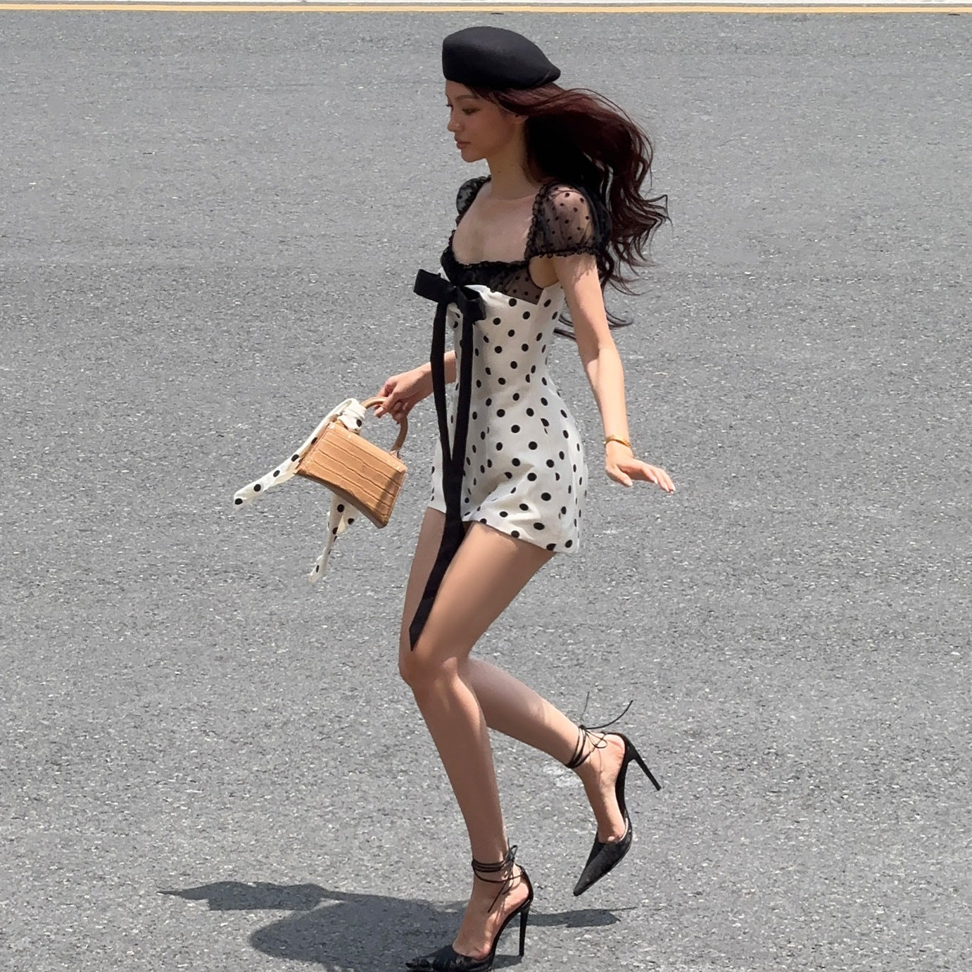 Square Neck Bowknot Mesh Slim Fit Polka Dot Dress