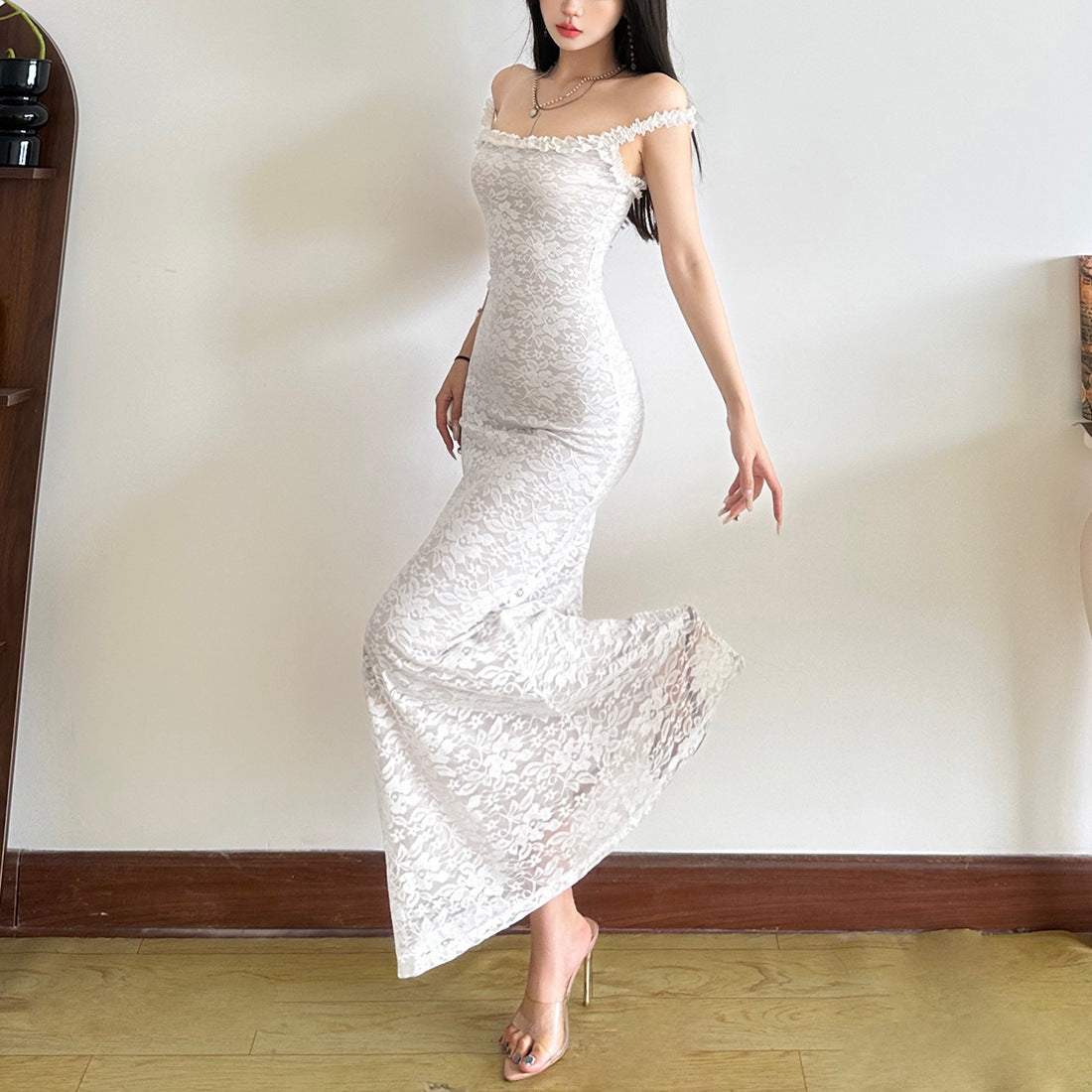 Delicate lace trim strap dress