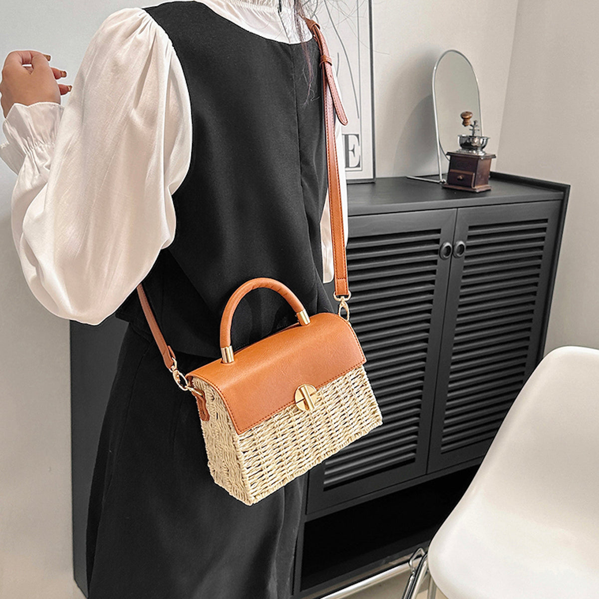 Straw Woven Box Bag with Leather Flap and Trims