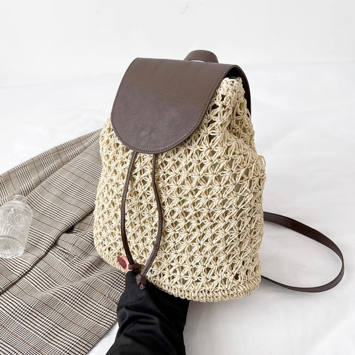Straw Woven Backpack with Leather Strap and Flap