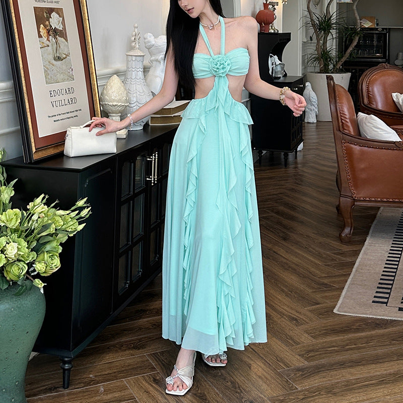 Backless ruffled holiday halterneck maxi dress