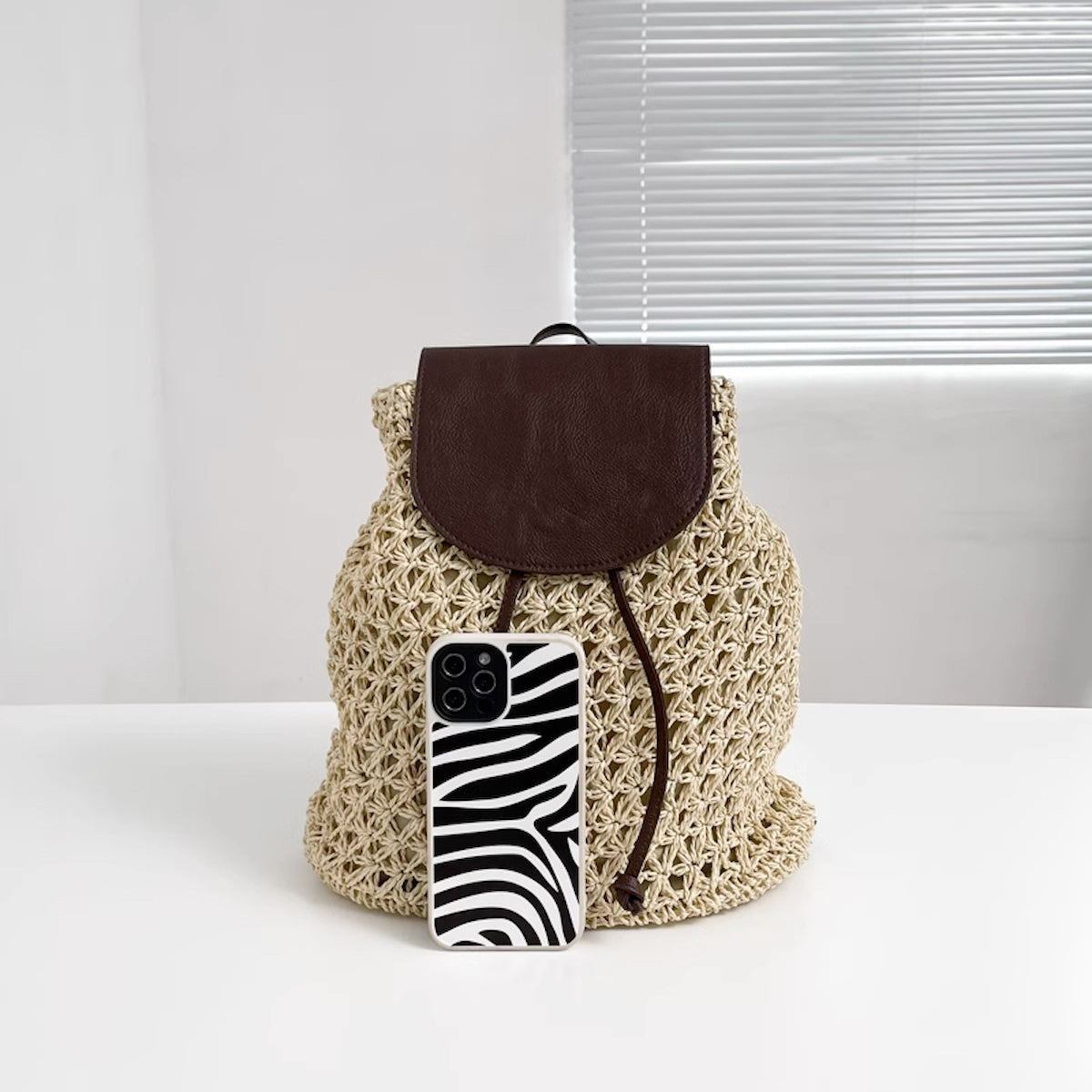 Straw Woven Backpack with Leather Strap and Flap