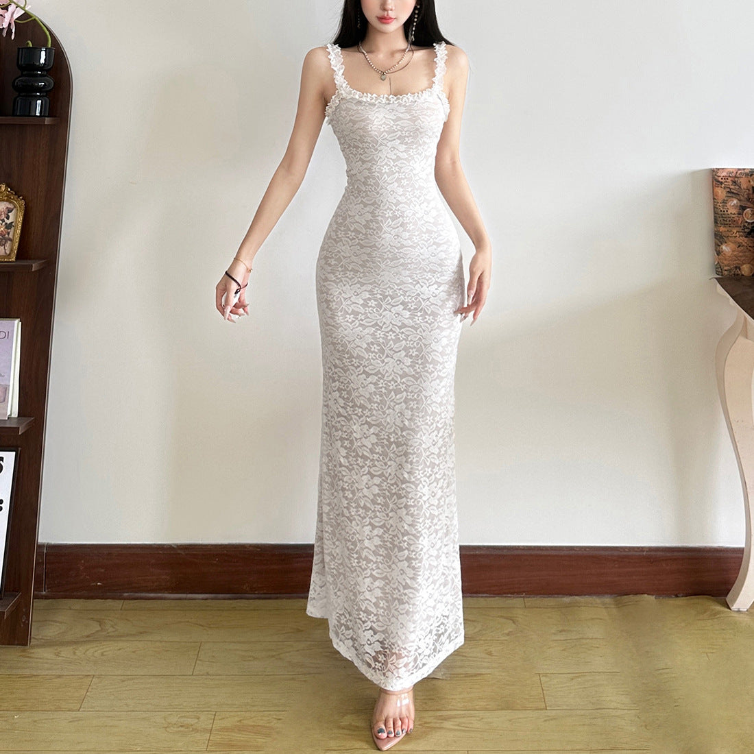Delicate lace trim strap dress