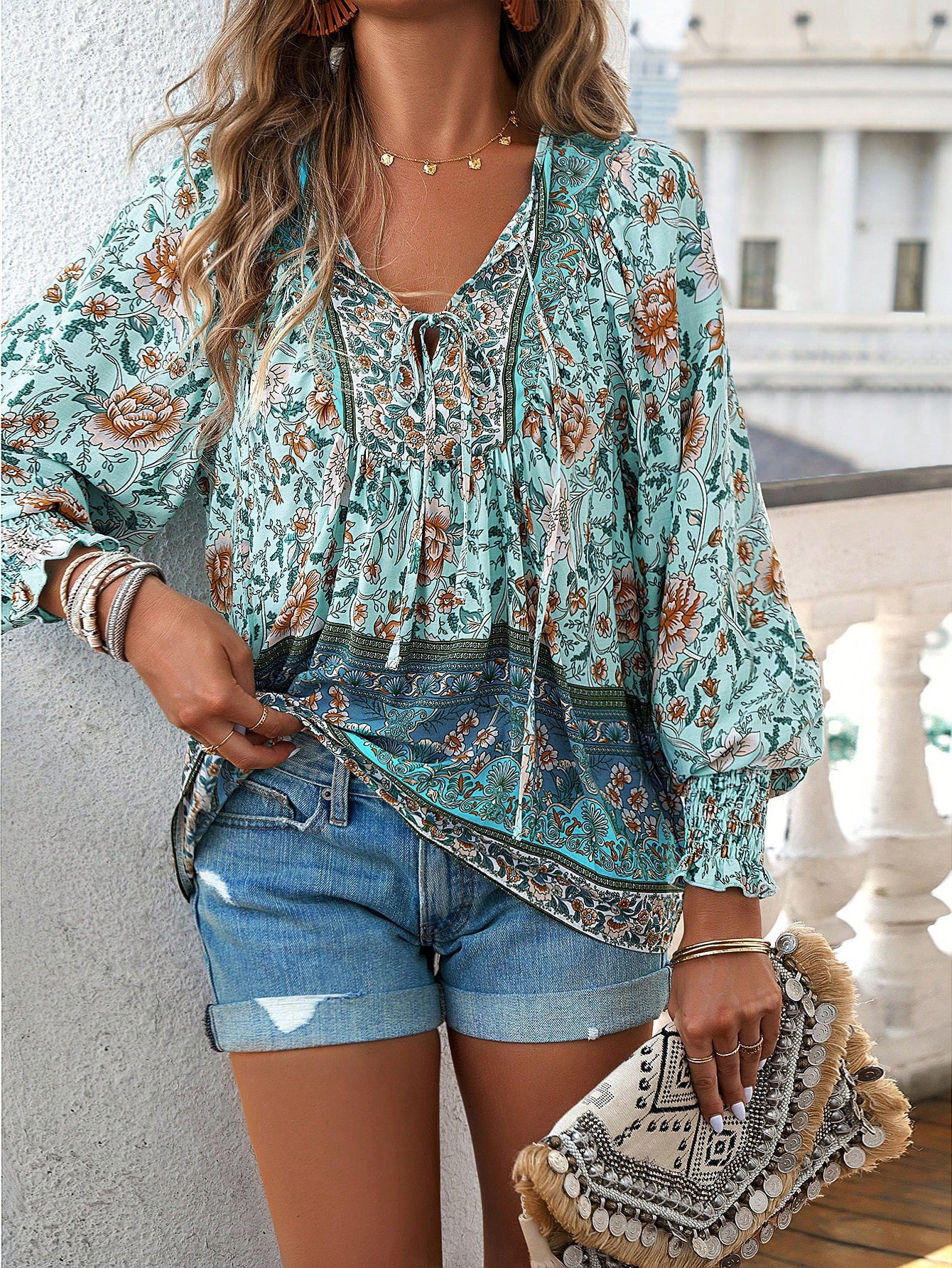 Paisley  Half Sleeve  Printed Polyester  V neck Boho Summer  Orange Top